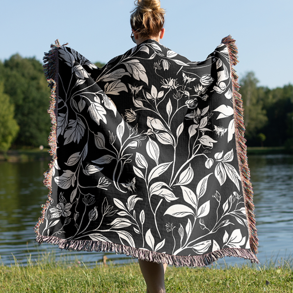Floral Woven Blanket with Luna Moths - Black and White Botanical Gothic Throw Blanket