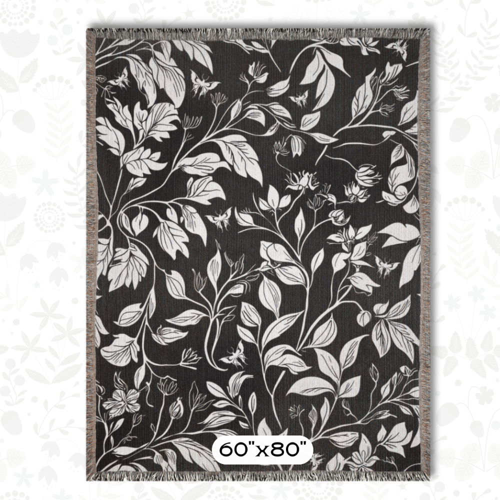 Floral Woven Blanket with Luna Moths - Black and White Botanical Gothic Throw Blanket