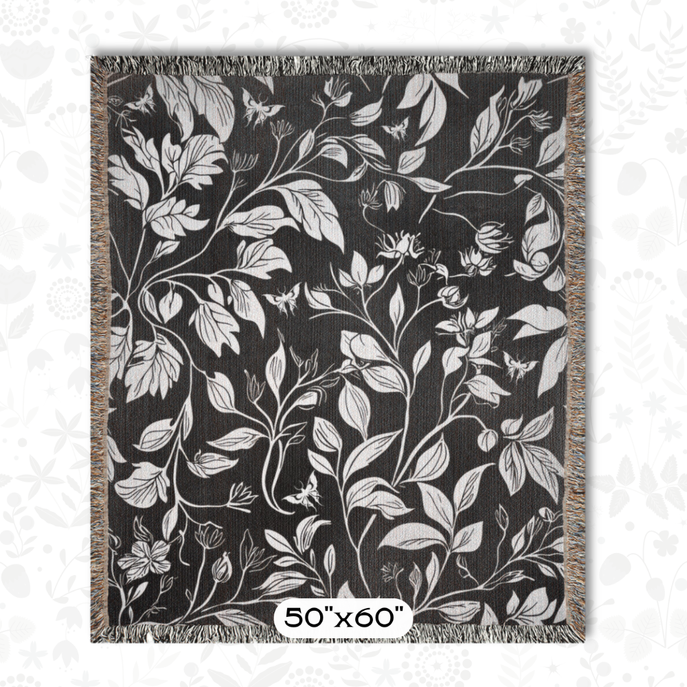Floral Woven Blanket with Luna Moths - Black and White Botanical Gothic Throw Blanket