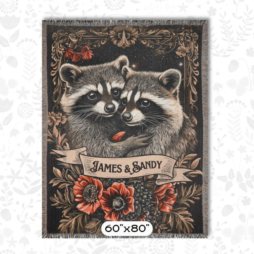Personalized Raccoon Couple Woven Tapestry Blanket Custom Cottagecore Couch Throw Gift for Couple