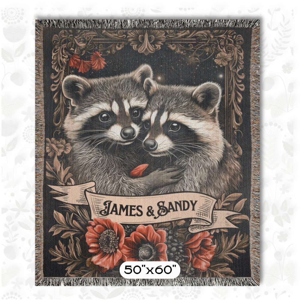Personalized Raccoon Couple Woven Tapestry Blanket Custom Cottagecore Couch Throw Gift for Couple