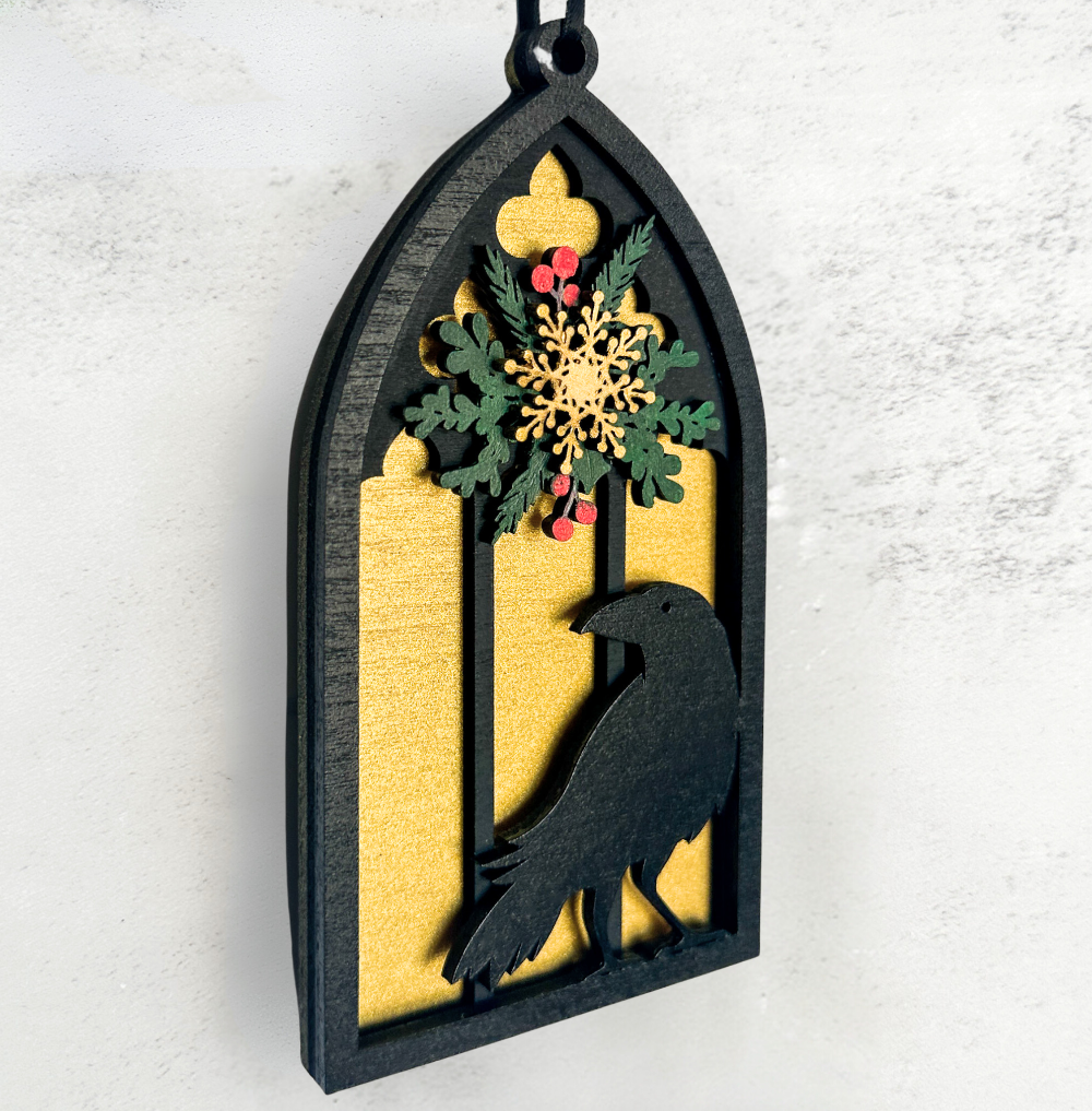 Gothic Cathedral Window Raven Ornament, Wooden Christmas Decoration, Mystical Holiday Decor