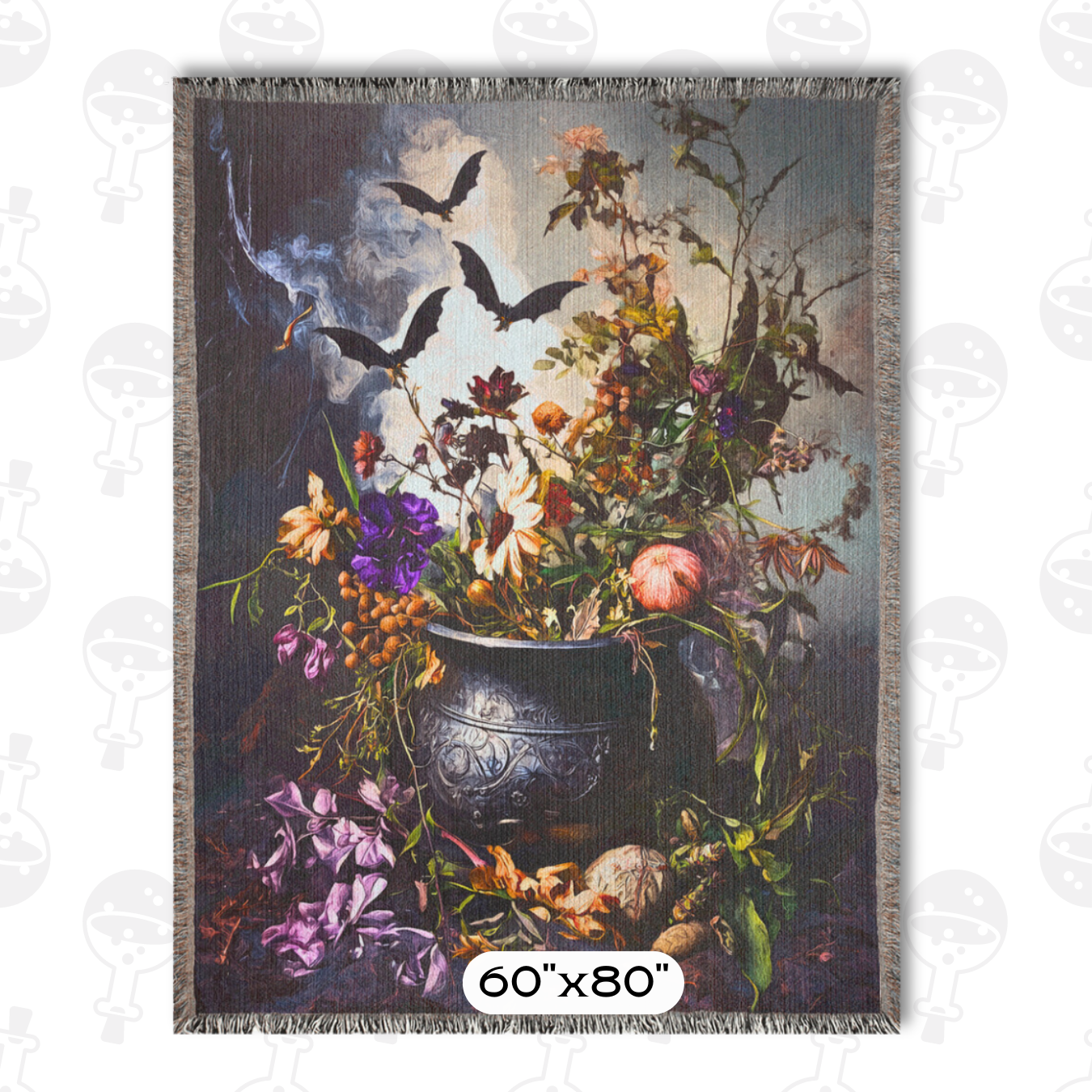 Witchy Cauldron Woven Blanket – Floral Gothic Tapestry with Bats – Mystical Witch Decor for Home