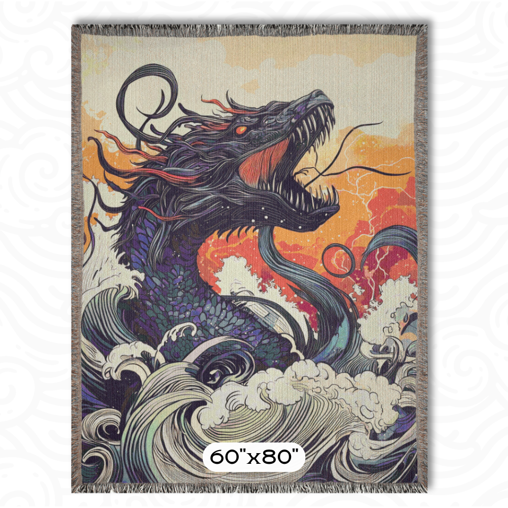 Cryptid Sea Serpent Woven Blanket Fantasy Mythology Tapestry Throw Japanese Style Creature Decor Unique Mythical Gift for Home