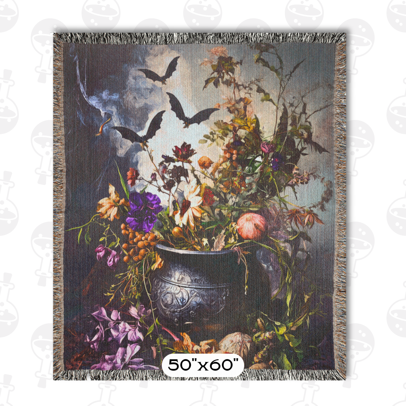 Witchy Cauldron Woven Blanket – Floral Gothic Tapestry with Bats – Mystical Witch Decor for Home