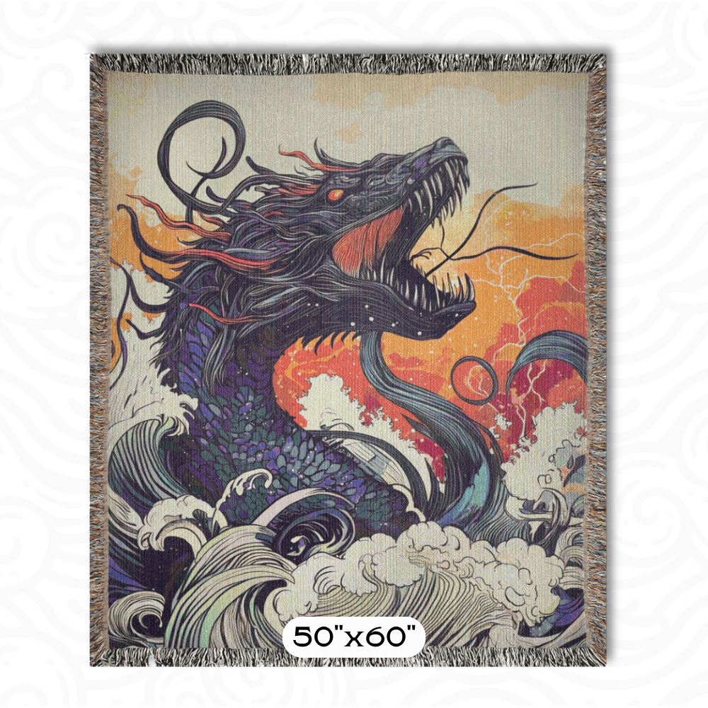 Cryptid Sea Serpent Woven Blanket Fantasy Mythology Tapestry Throw Japanese Style Creature Decor Unique Mythical Gift for Home