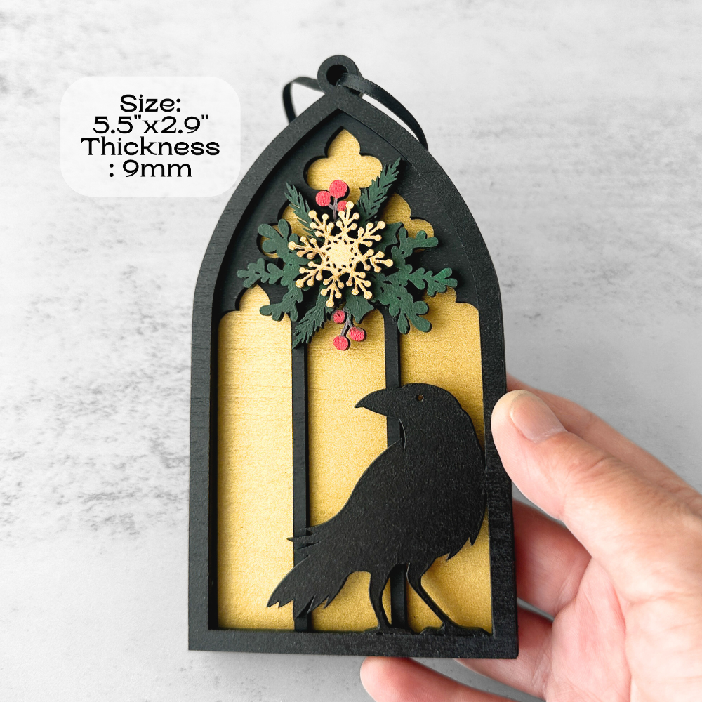 Gothic Cathedral Window Raven Ornament, Wooden Christmas Decoration, Mystical Holiday Decor