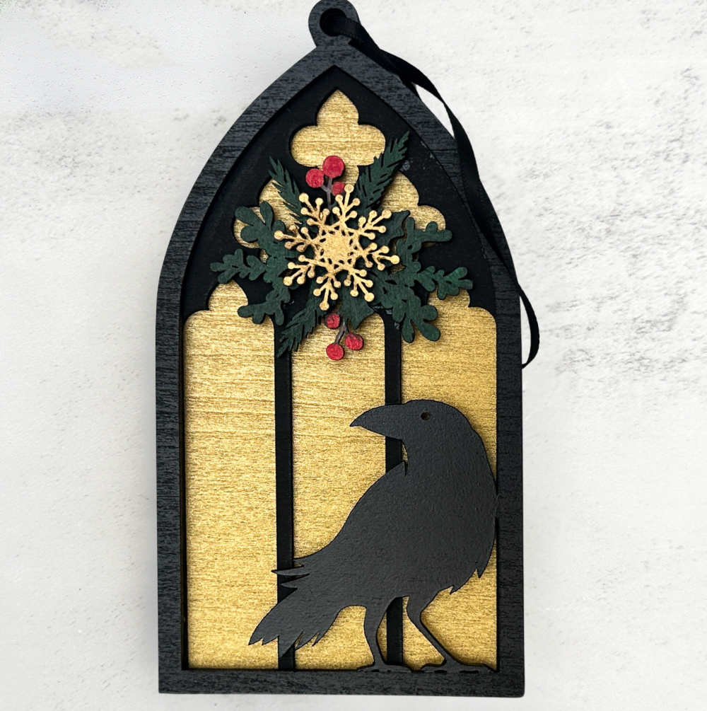 Gothic Cathedral Window Raven Ornament, Wooden Christmas Decoration, Mystical Holiday Decor