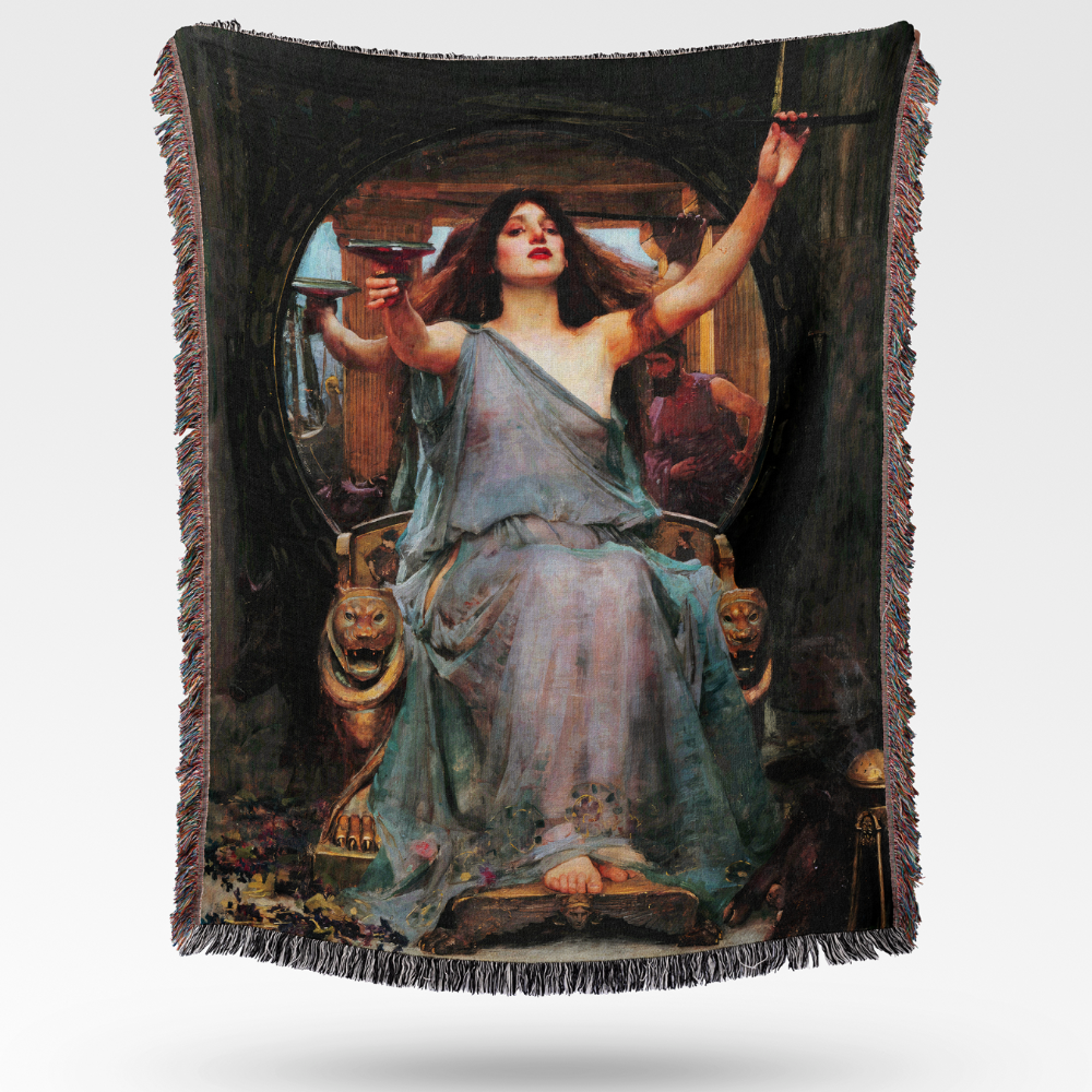 woven throw featuring William Waterhouse's painting, "Circe Offering the Cup to Ulysses." This detailed reproduction is ideal for adding an artistic touch to gothic or vintage-inspired decor.