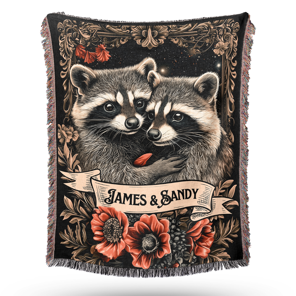 personalized woven blanket featuring a cute raccoon couple with names