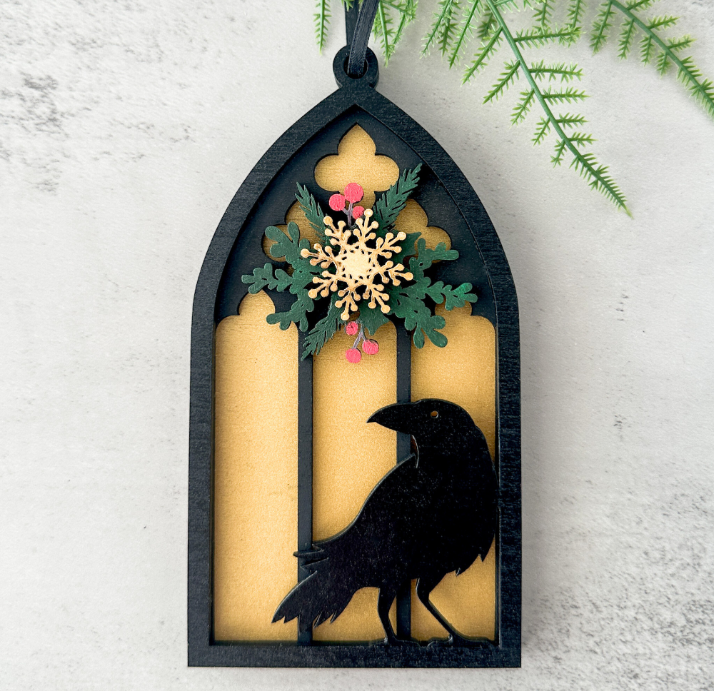 Gothic Cathedral Window Raven Ornament, Wooden Christmas Decoration, Mystical Holiday Decor