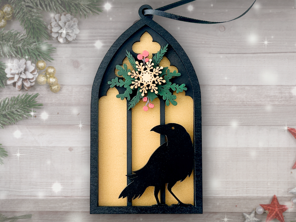 Gothic Cathedral Window Raven Ornament, Wooden Christmas Decoration, Mystical Holiday Decor