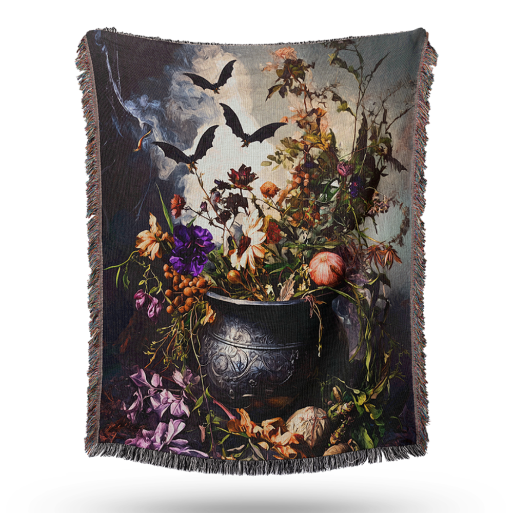 Witchy Cauldron Woven Blanket featuring Floral Gothic flowers and bats