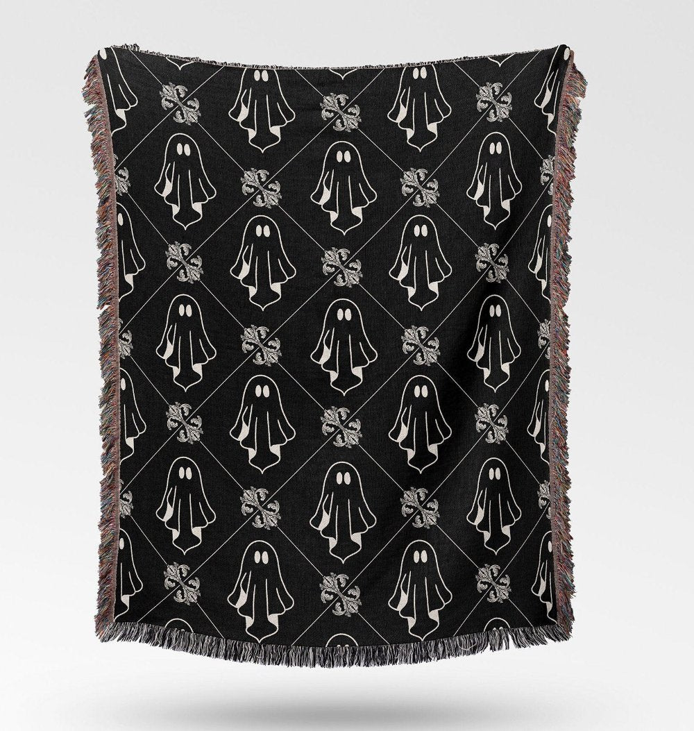 Cute Ghost with Trellis pattern woven tapestry throw blanket in black adn white for halloween decor