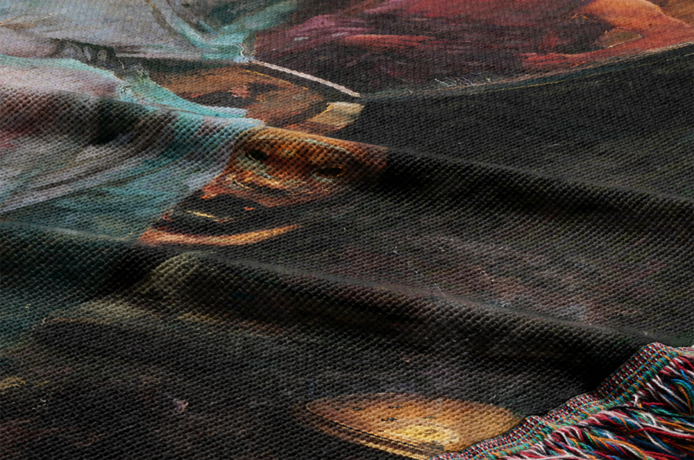close up of a woven throw featuring William Waterhouse's painting, "Circe Offering the Cup to Ulysses."