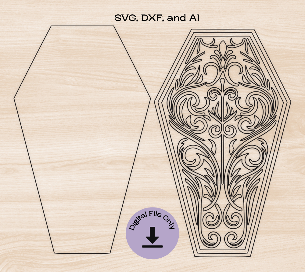An intricate gothic coffin laser cut design displayed on a light wood background. The coffin shape features an ornate filigree pattern, optimized for laser cutting in wood, acrylic, and MDF. Includes SVG, DXF, and AI file formats for CNC and laser engraving projects. Digital file only—no physical item.