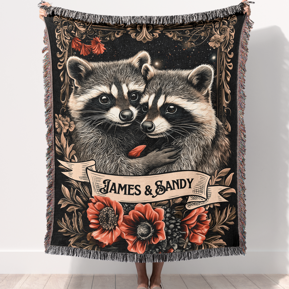 personalized woven blanket featuring a cute raccoon couple with names