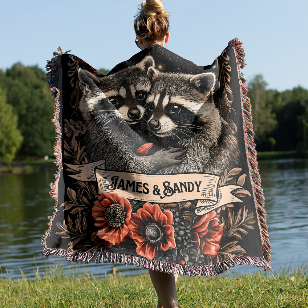 Personalized Raccoon Couple Woven Tapestry Blanket Custom Cottagecore Couch Throw Gift for Couple