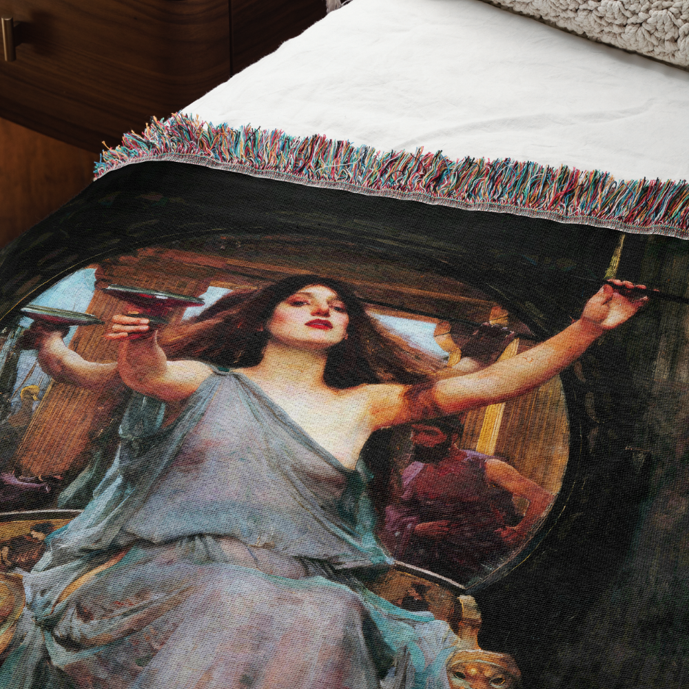 woven throw featuring William Waterhouse's painting, "Circe Offering the Cup to Ulysses." This detailed reproduction is ideal for adding an artistic touch to gothic or vintage-inspired decor.