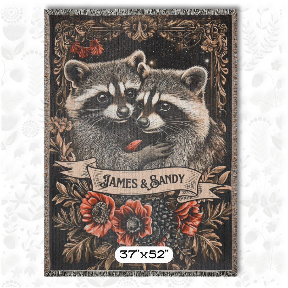Personalized Raccoon  Couple Woven Tapestry Blanket Custom Cottagecore Couch Throw Gift for Couple