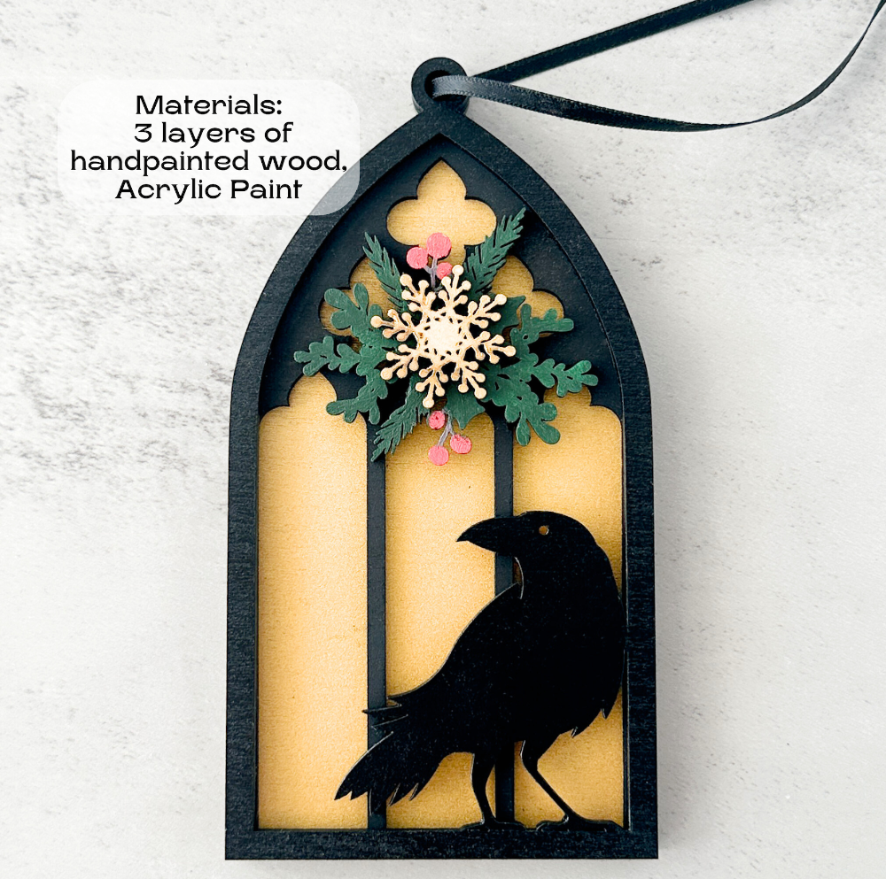Gothic Cathedral Window Raven Ornament, Wooden Christmas Decoration, Mystical Holiday Decor