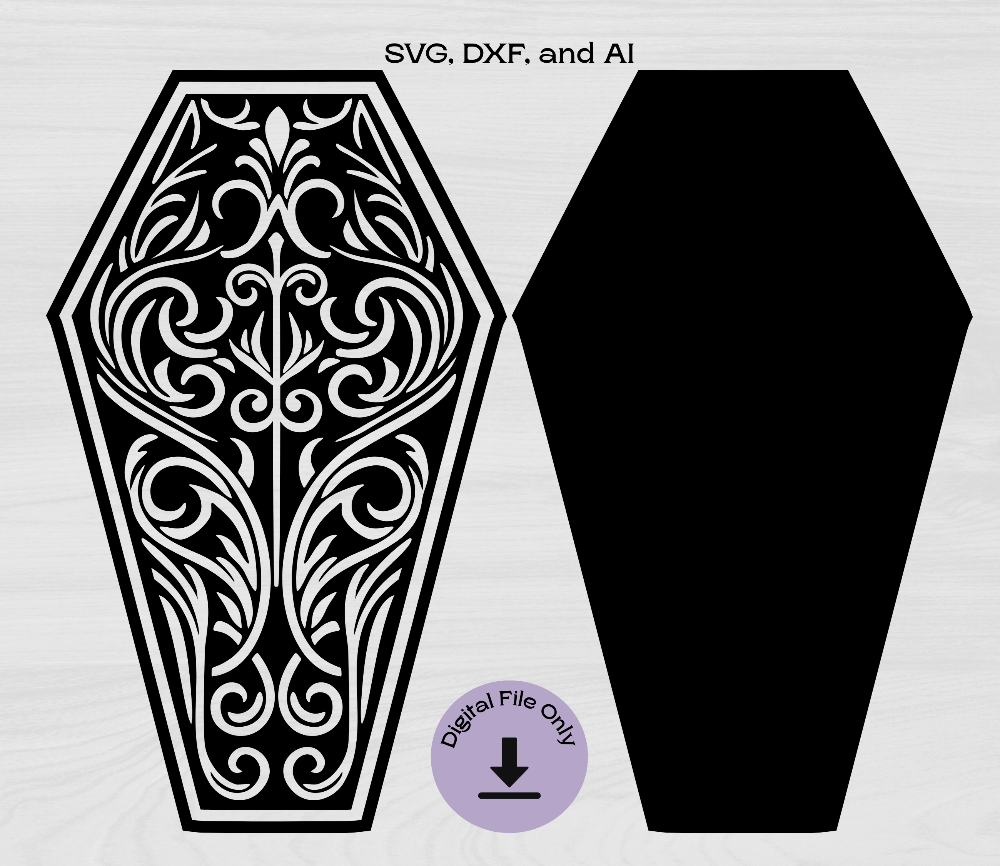 An intricate gothic coffin laser cut design displayed on a light wood background. The coffin shape features an ornate filigree pattern, optimized for laser cutting in wood, acrylic, and MDF. Includes SVG, DXF, and AI file formats for CNC and laser engraving projects. Digital file only—no physical item.