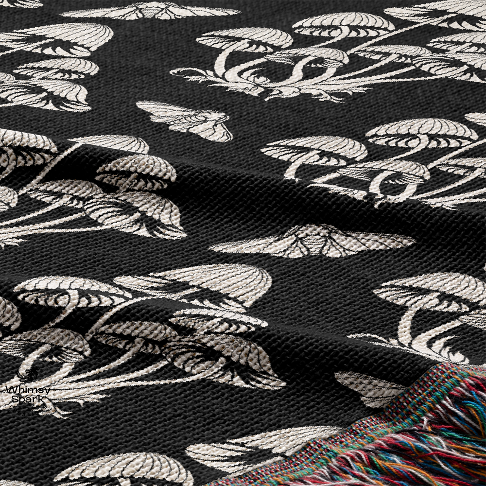 Close up o mushroom woven throw blanket in black and white