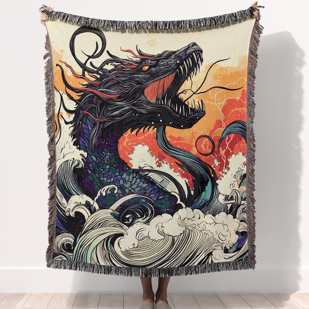 Cryptid Sea Serpent Woven Blanket Fantasy Mythology Tapestry Throw Japanese Style 