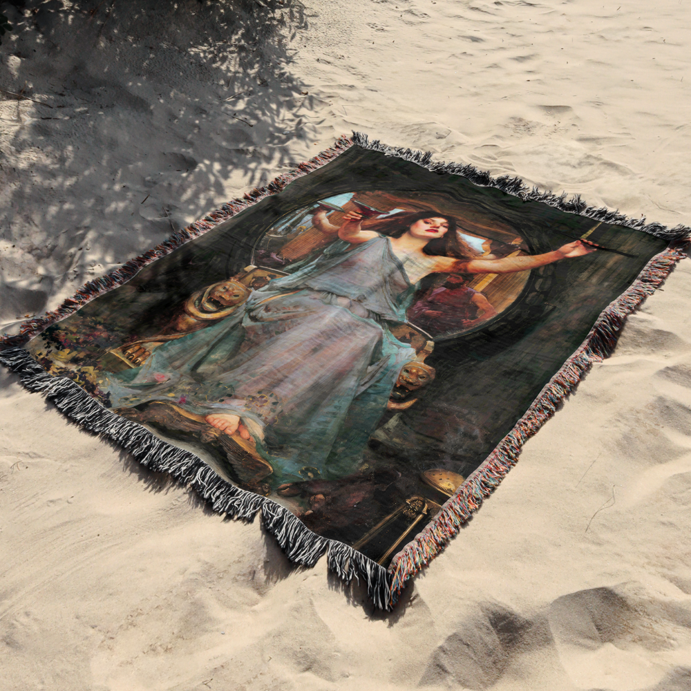 woven throw featuring William Waterhouse's painting, "Circe Offering the Cup to Ulysses." This detailed reproduction is ideal for adding an artistic touch to gothic or vintage-inspired decor.