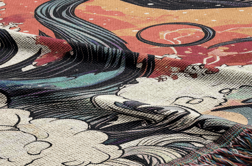 close up detail of a Cryptid Sea Serpent Woven Blanket Fantasy Mythology Tapestry Throw Japanese Style 